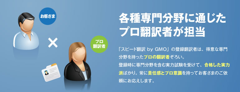 各種専門分野に通じたプロ翻訳者が担当 「スピード翻訳 byGMO」の登録翻訳者は、得意な専門分野を持ったプロの翻訳者ぞろい。登録時に専門分野を含む実力試験を受けて、合格した実力派ばかり。 常に責任感とプロ意識を持ってお客さまのご依頼にお応えします。